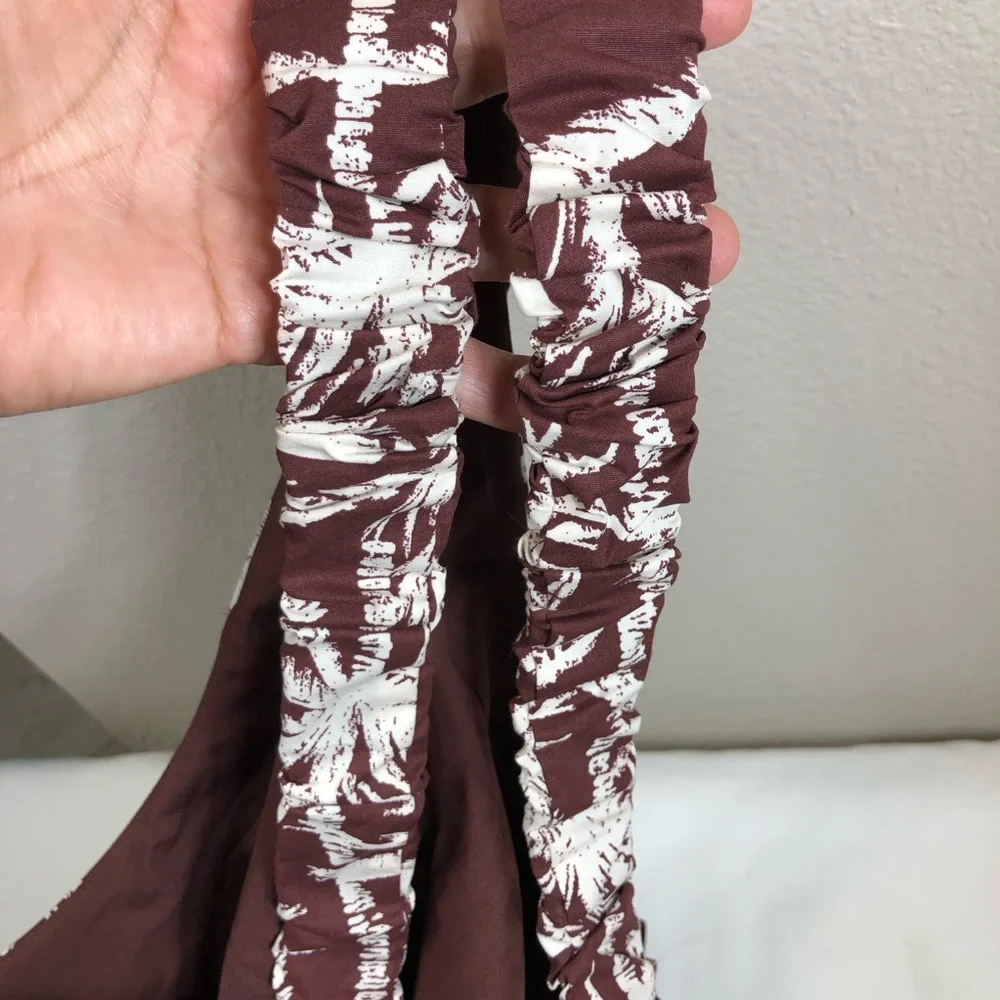 Express Cotton Blend Brown White Tropical Halter Neck Summer Brunch Midi Dress M - Picture 7 of 15